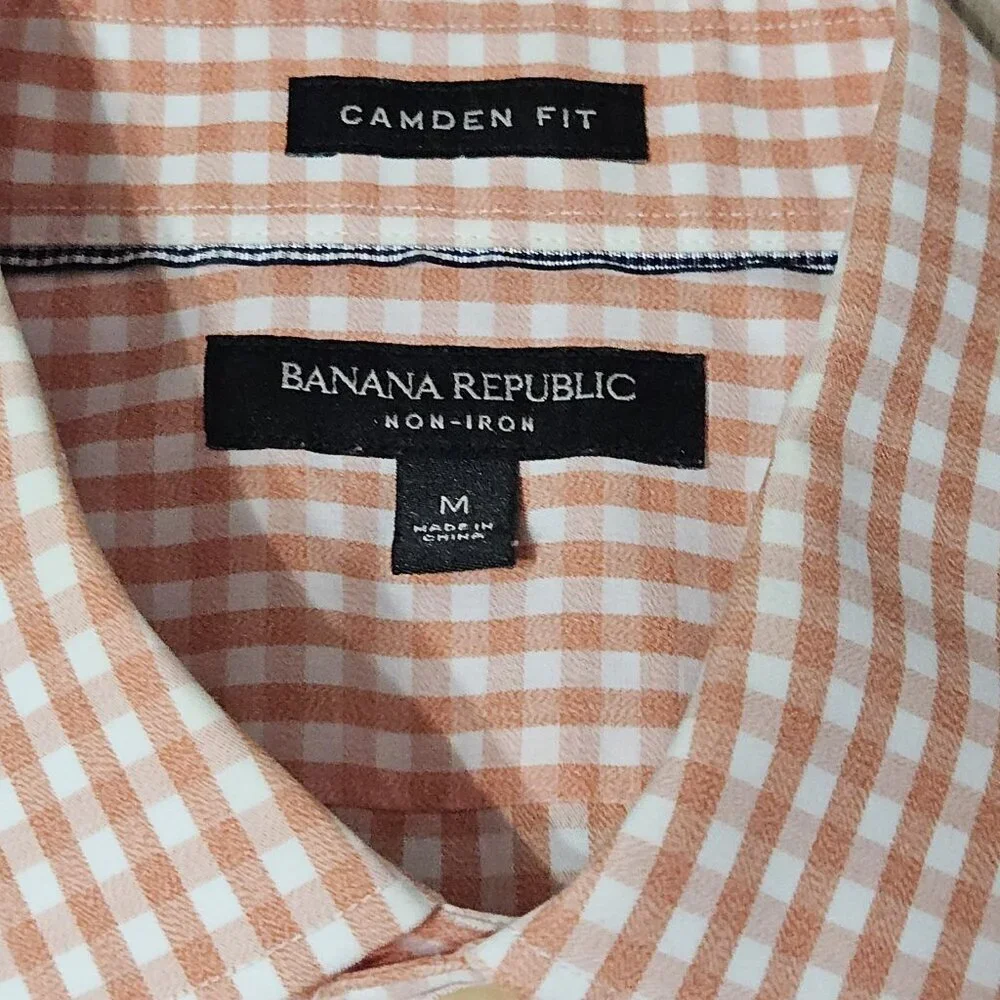 Mens Size M Banana Republic Non Iron Peach Checkered Button Up Shirt Cotton